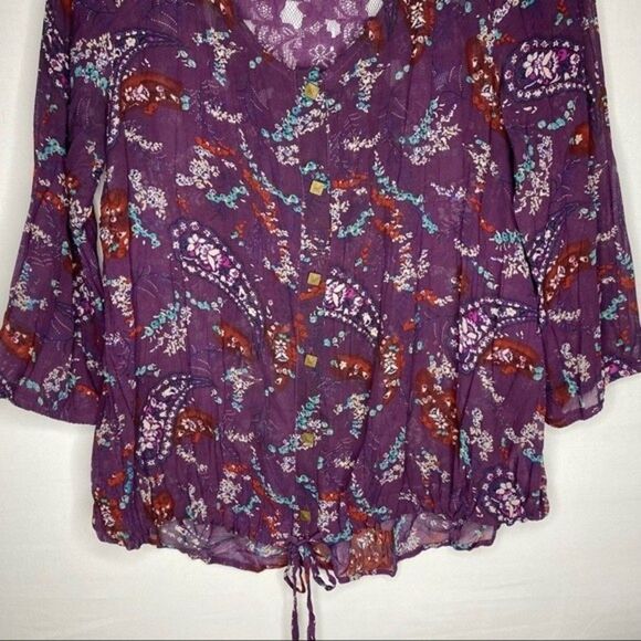 Maurices Purple Sheer Button Down Paisley Floral 3/4 Sleeves Drawstring Waist M - Picture 7 of 9